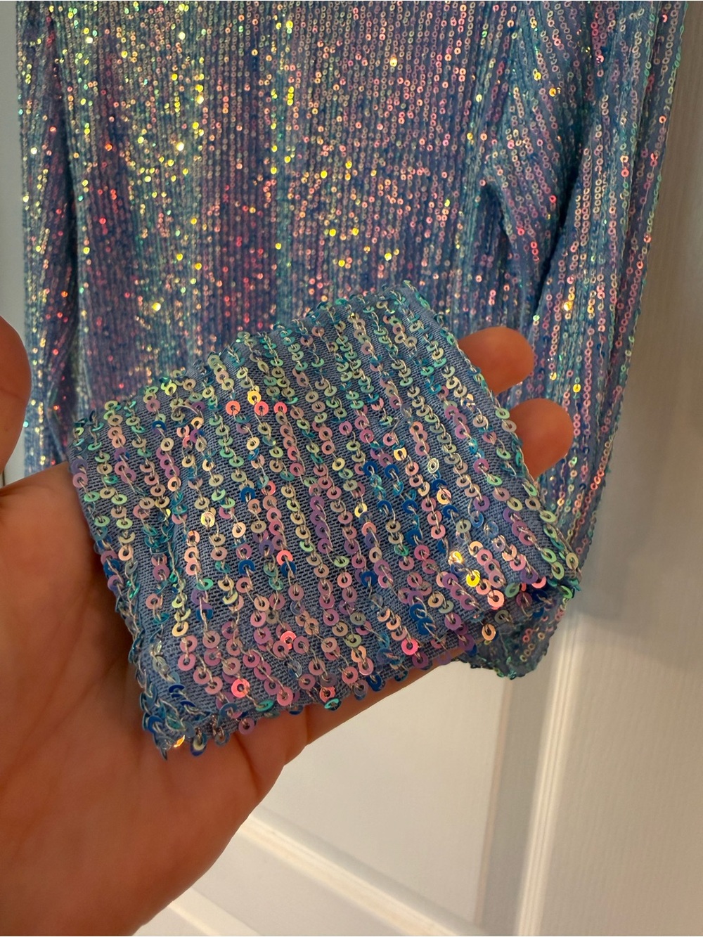 🩵🩷Audrey 3+1 Holiday Party Blue Cotton Candy Sequin Long Sleeve Crop NWT Large - Picture 7 of 13